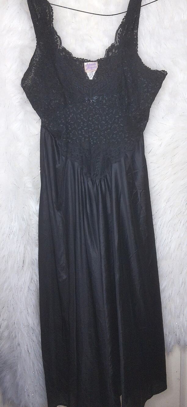 Vintage Intimate Attitudes Black Satin Lace Maxi Nightgown Size 2X